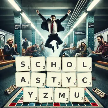 Kreatywna ilustracja do gry w Scrabble ze słowem SCHOLASTYCYZMU ułożonym z płytek na planszy.