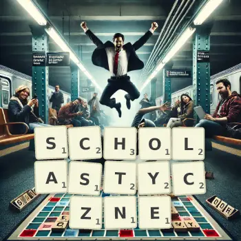 Kreatywna ilustracja do gry w Scrabble ze słowem SCHOLASTYCZNE ułożonym z płytek na planszy.