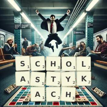 Kreatywna ilustracja do gry w Scrabble ze słowem SCHOLASTYKACH ułożonym z płytek na planszy.