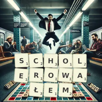 Kreatywna ilustracja do gry w Scrabble ze słowem SCHOLEROWAŁEM ułożonym z płytek na planszy.