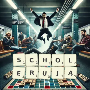 Kreatywna ilustracja do gry w Scrabble ze słowem SCHOLERUJĄ ułożonym z płytek na planszy.