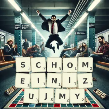 Kreatywna ilustracja do gry w Scrabble ze słowem SCHOMEINIZUJMY ułożonym z płytek na planszy.