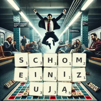 Kreatywna ilustracja do gry w Scrabble ze słowem SCHOMEINIZUJĄ ułożonym z płytek na planszy.