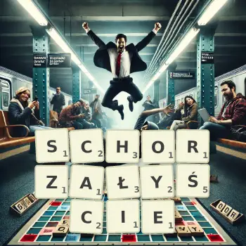 Kreatywna ilustracja do gry w Scrabble ze słowem SCHORZAŁYŚCIE ułożonym z płytek na planszy.