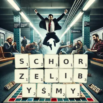 Kreatywna ilustracja do gry w Scrabble ze słowem SCHORZELIBYŚMY ułożonym z płytek na planszy.
