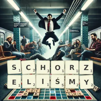 Kreatywna ilustracja do gry w Scrabble ze słowem SCHORZELIŚMY ułożonym z płytek na planszy.