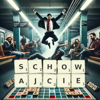 Kreatywna ilustracja do gry w Scrabble ze słowem SCHOWAJCIE ułożonym z płytek na planszy.