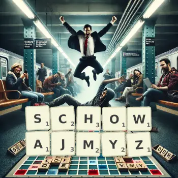 Kreatywna ilustracja do gry w Scrabble ze słowem SCHOWAJMYZ ułożonym z płytek na planszy.