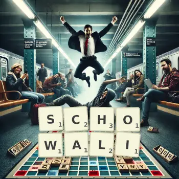 Kreatywna ilustracja do gry w Scrabble ze słowem SCHOWALI ułożonym z płytek na planszy.