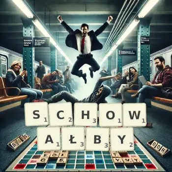 Kreatywna ilustracja do gry w Scrabble ze słowem SCHOWAŁBY ułożonym z płytek na planszy.