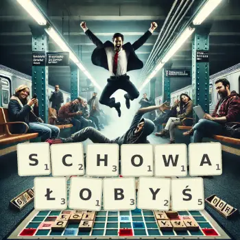 Kreatywna ilustracja do gry w Scrabble ze słowem SCHOWAŁOBYŚ ułożonym z płytek na planszy.