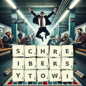 Kreatywna ilustracja do gry w Scrabble ze słowem SCHREIBERSYTOWI ułożonym z płytek na planszy.