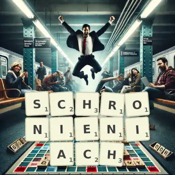 Kreatywna ilustracja do gry w Scrabble ze słowem SCHRONIENIACH ułożonym z płytek na planszy.