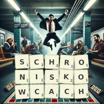 Kreatywna ilustracja do gry w Scrabble ze słowem SCHRONISKOWCACH ułożonym z płytek na planszy.