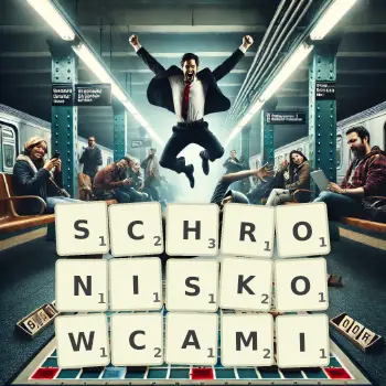 Kreatywna ilustracja do gry w Scrabble ze słowem SCHRONISKOWCAMI ułożonym z płytek na planszy.