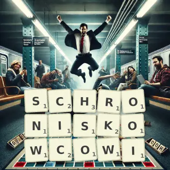 Kreatywna ilustracja do gry w Scrabble ze słowem SCHRONISKOWCOWI ułożonym z płytek na planszy.