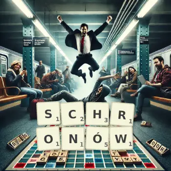 Kreatywna ilustracja do gry w Scrabble ze słowem SCHRONÓW ułożonym z płytek na planszy.