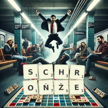 Kreatywna ilustracja do gry w Scrabble ze słowem SCHROŃŻE ułożonym z płytek na planszy.