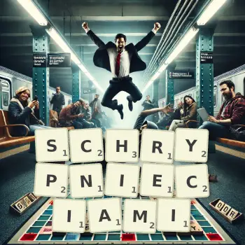 Kreatywna ilustracja do gry w Scrabble ze słowem SCHRYPNIECIAMI ułożonym z płytek na planszy.