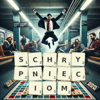 Kreatywna ilustracja do gry w Scrabble ze słowem SCHRYPNIECIOM ułożonym z płytek na planszy.