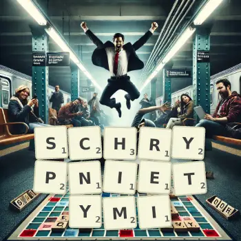 Kreatywna ilustracja do gry w Scrabble ze słowem SCHRYPNIETYMI ułożonym z płytek na planszy.
