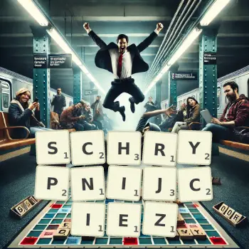 Kreatywna ilustracja do gry w Scrabble ze słowem SCHRYPNIJCIEZ ułożonym z płytek na planszy.