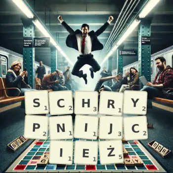 Kreatywna ilustracja do gry w Scrabble ze słowem SCHRYPNIJCIEŻ ułożonym z płytek na planszy.