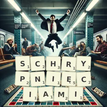 Kreatywna ilustracja do gry w Scrabble ze słowem SCHRYPNIĘCIAMI ułożonym z płytek na planszy.