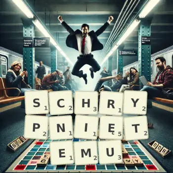 Kreatywna ilustracja do gry w Scrabble ze słowem SCHRYPNIĘTEMU ułożonym z płytek na planszy.