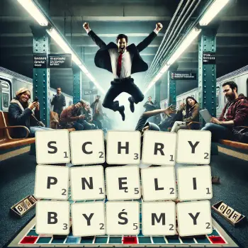 Kreatywna ilustracja do gry w Scrabble ze słowem SCHRYPNĘLIBYŚMY ułożonym z płytek na planszy.