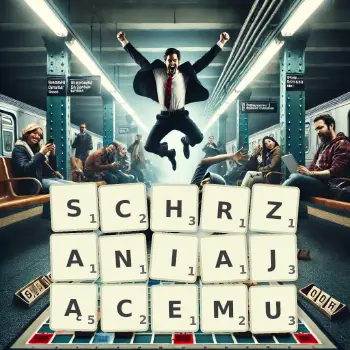 Kreatywna ilustracja do gry w Scrabble ze słowem SCHRZANIAJĄCEMU ułożonym z płytek na planszy.