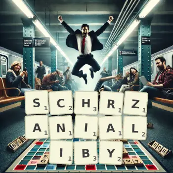 Kreatywna ilustracja do gry w Scrabble ze słowem SCHRZANIALIBY ułożonym z płytek na planszy.