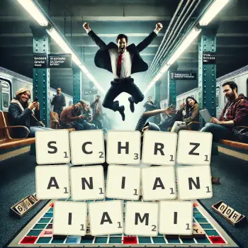 Kreatywna ilustracja do gry w Scrabble ze słowem SCHRZANIANIAMI ułożonym z płytek na planszy.