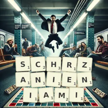 Kreatywna ilustracja do gry w Scrabble ze słowem SCHRZANIENIAMI ułożonym z płytek na planszy.