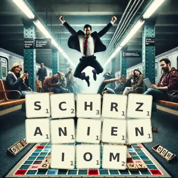 Kreatywna ilustracja do gry w Scrabble ze słowem SCHRZANIENIOM ułożonym z płytek na planszy.