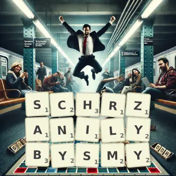 Kreatywna ilustracja do gry w Scrabble ze słowem SCHRZANILYBYSMY ułożonym z płytek na planszy.