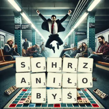 Kreatywna ilustracja do gry w Scrabble ze słowem SCHRZANIŁOBYŚ ułożonym z płytek na planszy.