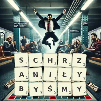 Kreatywna ilustracja do gry w Scrabble ze słowem SCHRZANIŁYBYŚMY ułożonym z płytek na planszy.