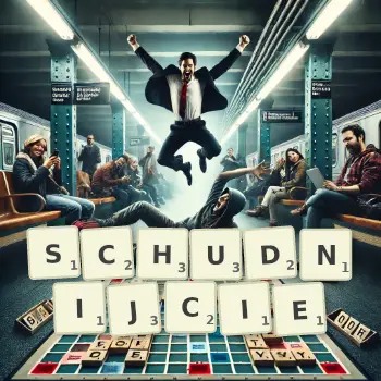 Kreatywna ilustracja do gry w Scrabble ze słowem SCHUDNIJCIE ułożonym z płytek na planszy.