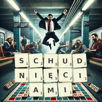 Kreatywna ilustracja do gry w Scrabble ze słowem SCHUDNIĘCIAMI ułożonym z płytek na planszy.