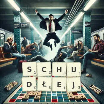 Kreatywna ilustracja do gry w Scrabble ze słowem SCHUDŁEJ ułożonym z płytek na planszy.
