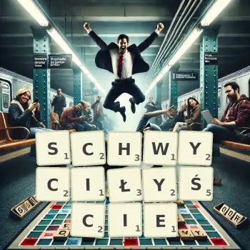 Kreatywna ilustracja do gry w Scrabble ze słowem SCHWYCIŁYŚCIE ułożonym z płytek na planszy.