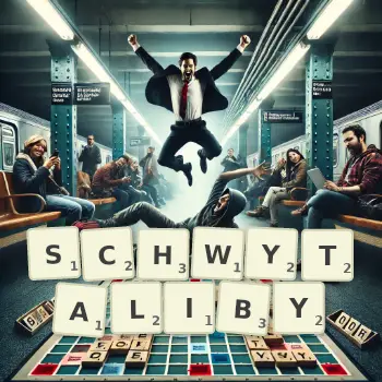 Kreatywna ilustracja do gry w Scrabble ze słowem SCHWYTALIBY ułożonym z płytek na planszy.