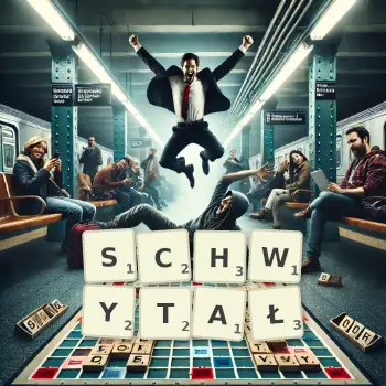 Kreatywna ilustracja do gry w Scrabble ze słowem SCHWYTAŁ ułożonym z płytek na planszy.