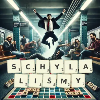 Kreatywna ilustracja do gry w Scrabble ze słowem SCHYLALIŚMY ułożonym z płytek na planszy.