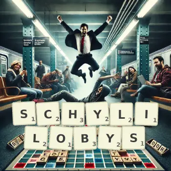 Kreatywna ilustracja do gry w Scrabble ze słowem SCHYLILOBYS ułożonym z płytek na planszy.