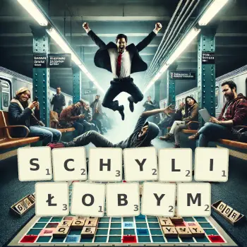 Kreatywna ilustracja do gry w Scrabble ze słowem SCHYLIŁOBYM ułożonym z płytek na planszy.