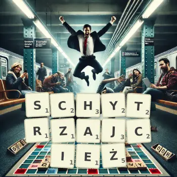 Kreatywna ilustracja do gry w Scrabble ze słowem SCHYTRZAJCIEŻ ułożonym z płytek na planszy.