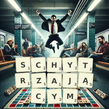 Kreatywna ilustracja do gry w Scrabble ze słowem SCHYTRZAJĄCYM ułożonym z płytek na planszy.