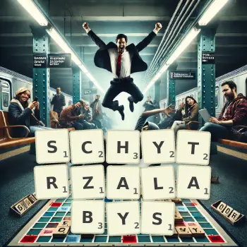 Kreatywna ilustracja do gry w Scrabble ze słowem SCHYTRZALABYS ułożonym z płytek na planszy.